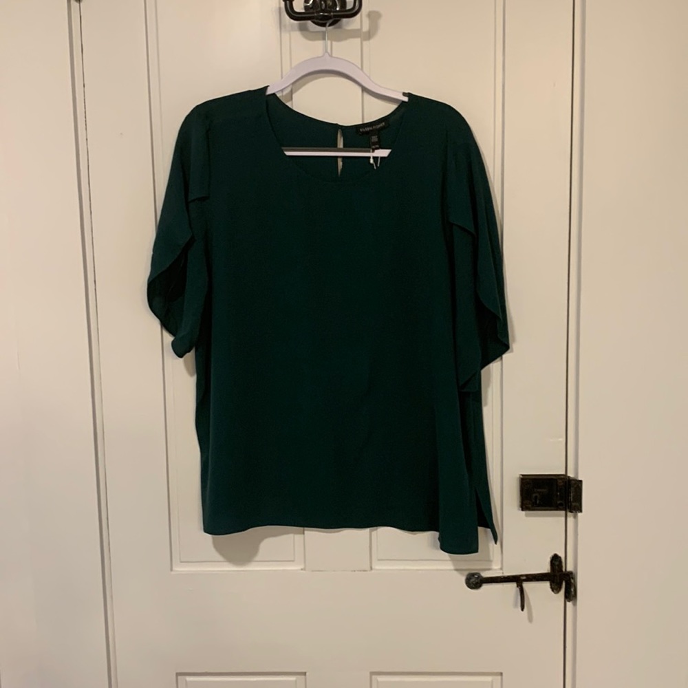 Silk Georgette Crepe flutter sleeve blouse, short sleeve, dark green.